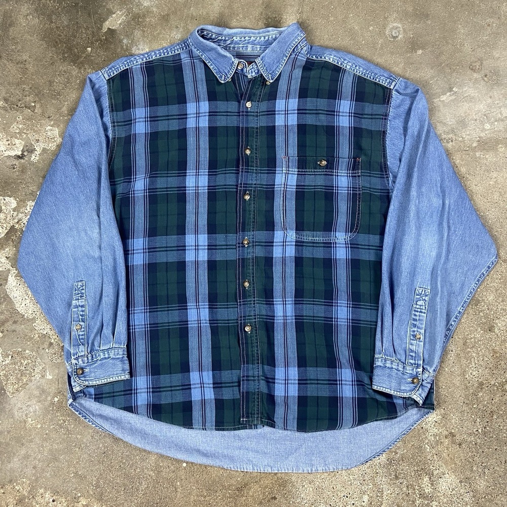 Vintage Great Land Apparel Button Down Size XL Green Plaid Denim Long Sleeve